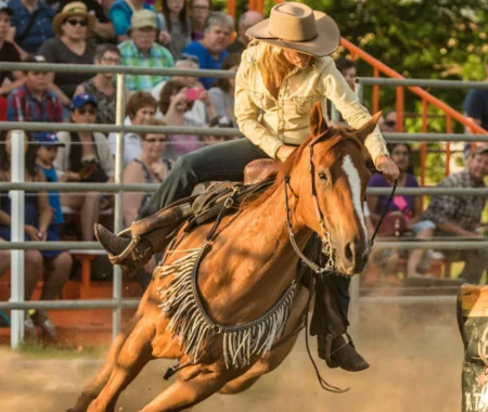 A woman riding a horse at a rodeo